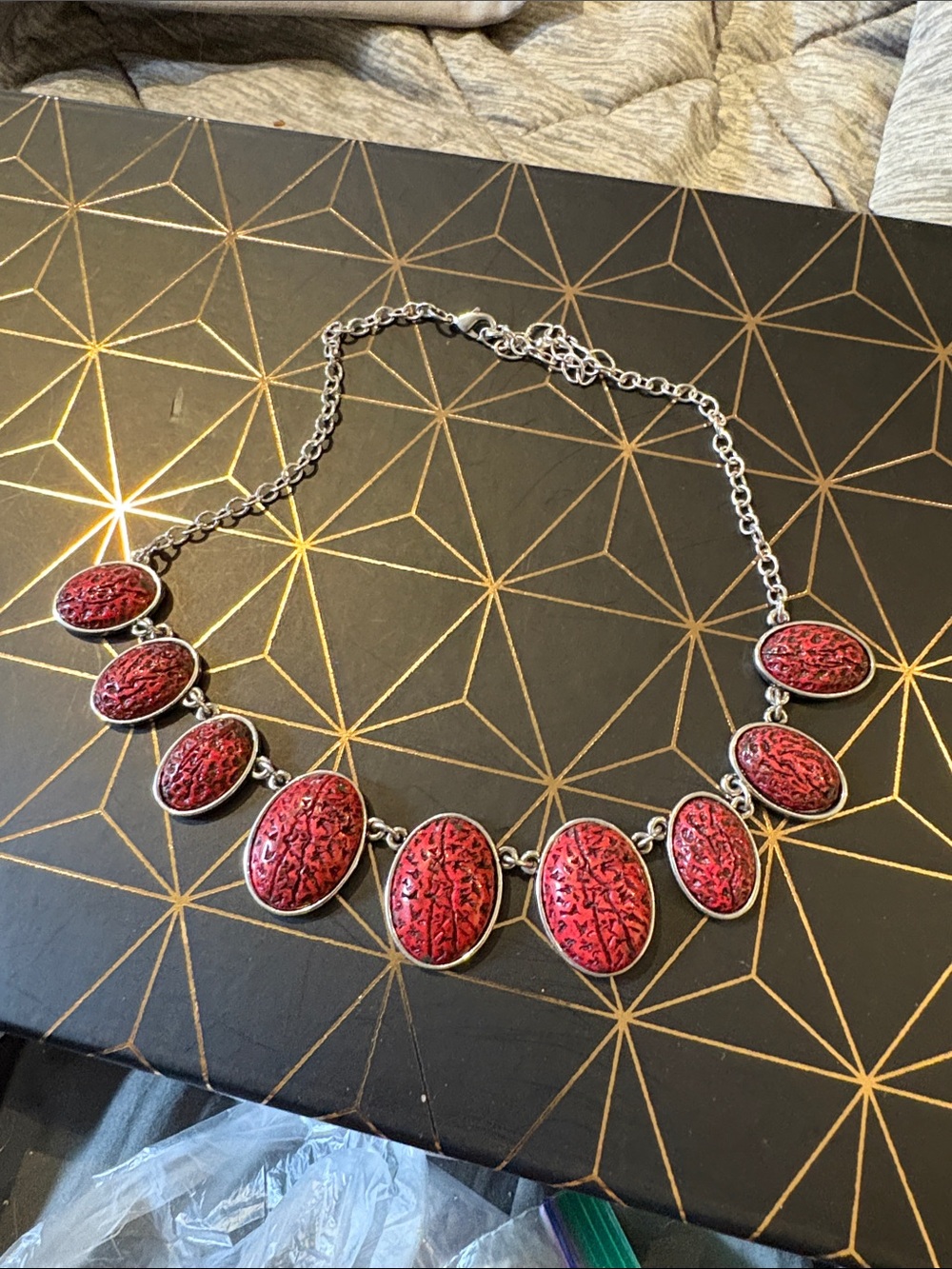 Red Oval Textured Statement Necklace - Women Jewelry